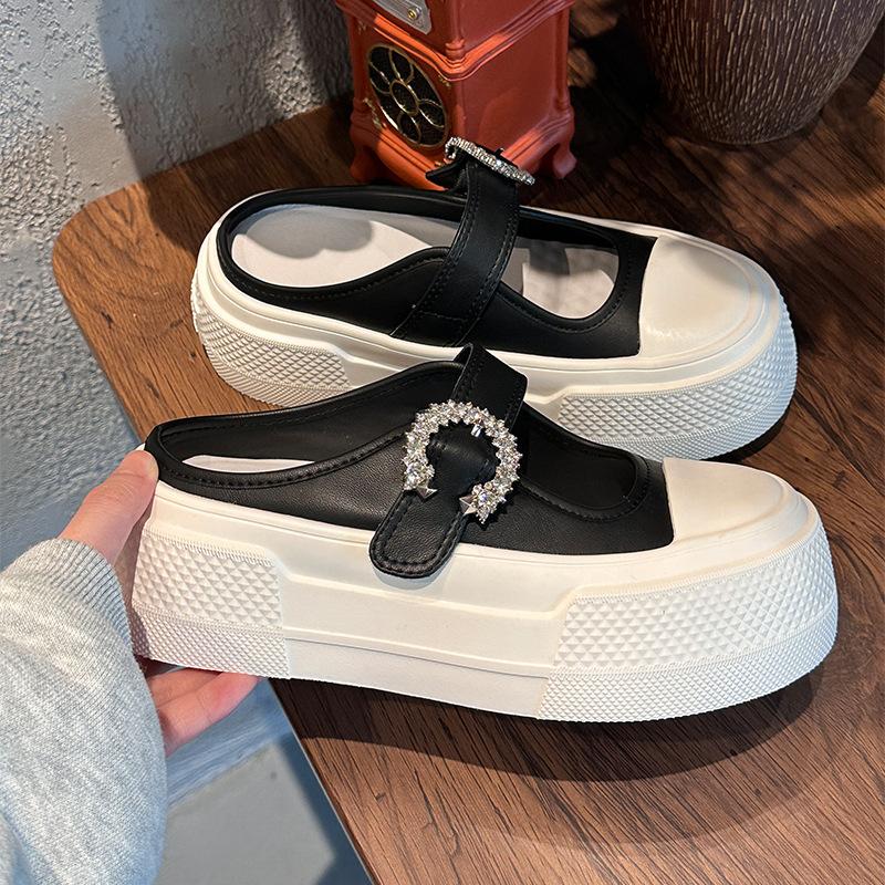 

Foam bottom leather bag head slippers women s summer new thick-soled casual Mary Jane shoes casual rhinestone half drag 35 чёрный