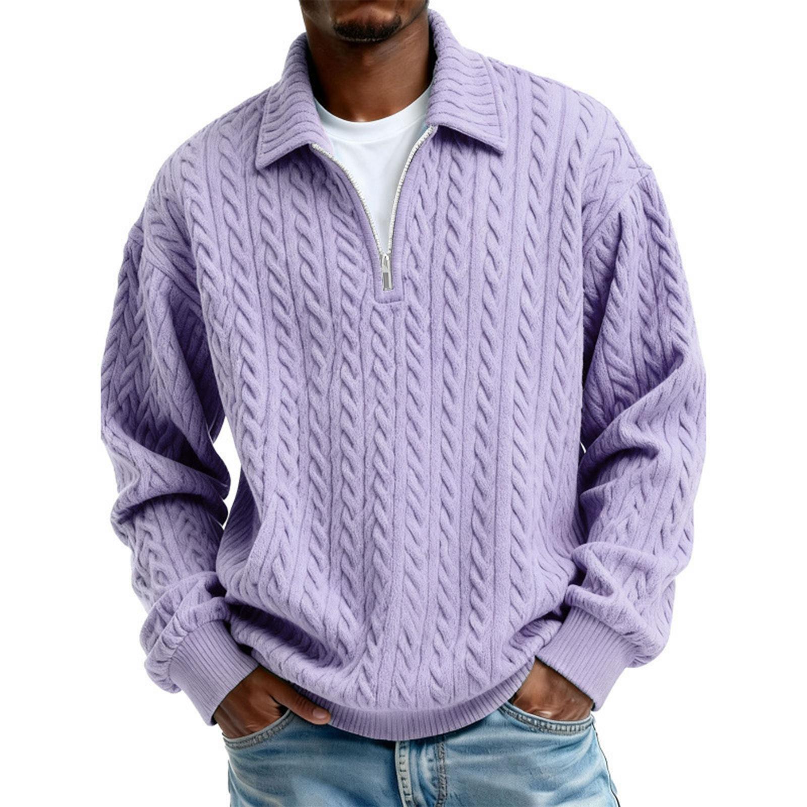 

Men’s Cable Knit Pullover Sweater with Quarter Zip Front and Ribbed Collar Long Sleeve Classic Design L фіолетовий