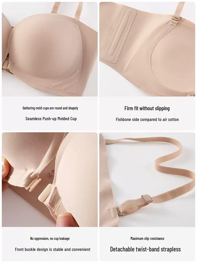 Front-Buckle Strapless Push-Up Bra for Small Breasts with Anti-Slip Pasties and Invisible Support