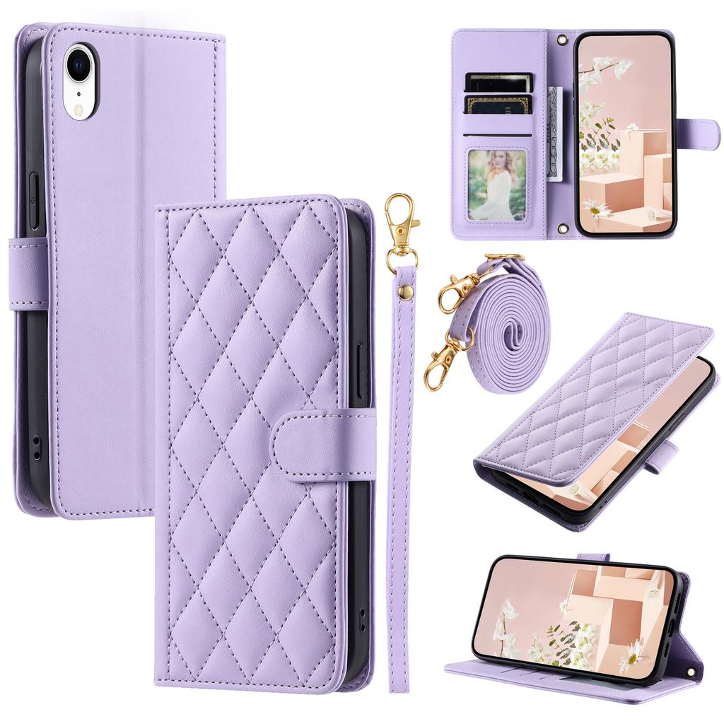 For iPhone XR Leather Case Rhombus Grid Flip Wallet Phone Cover with Straps