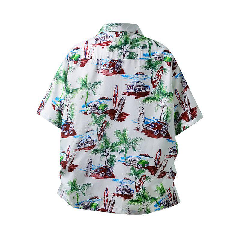 Vintage Kokospalmen-Surfbrett-Print Hemd mit kubanischem Kragen, kurzärmlig