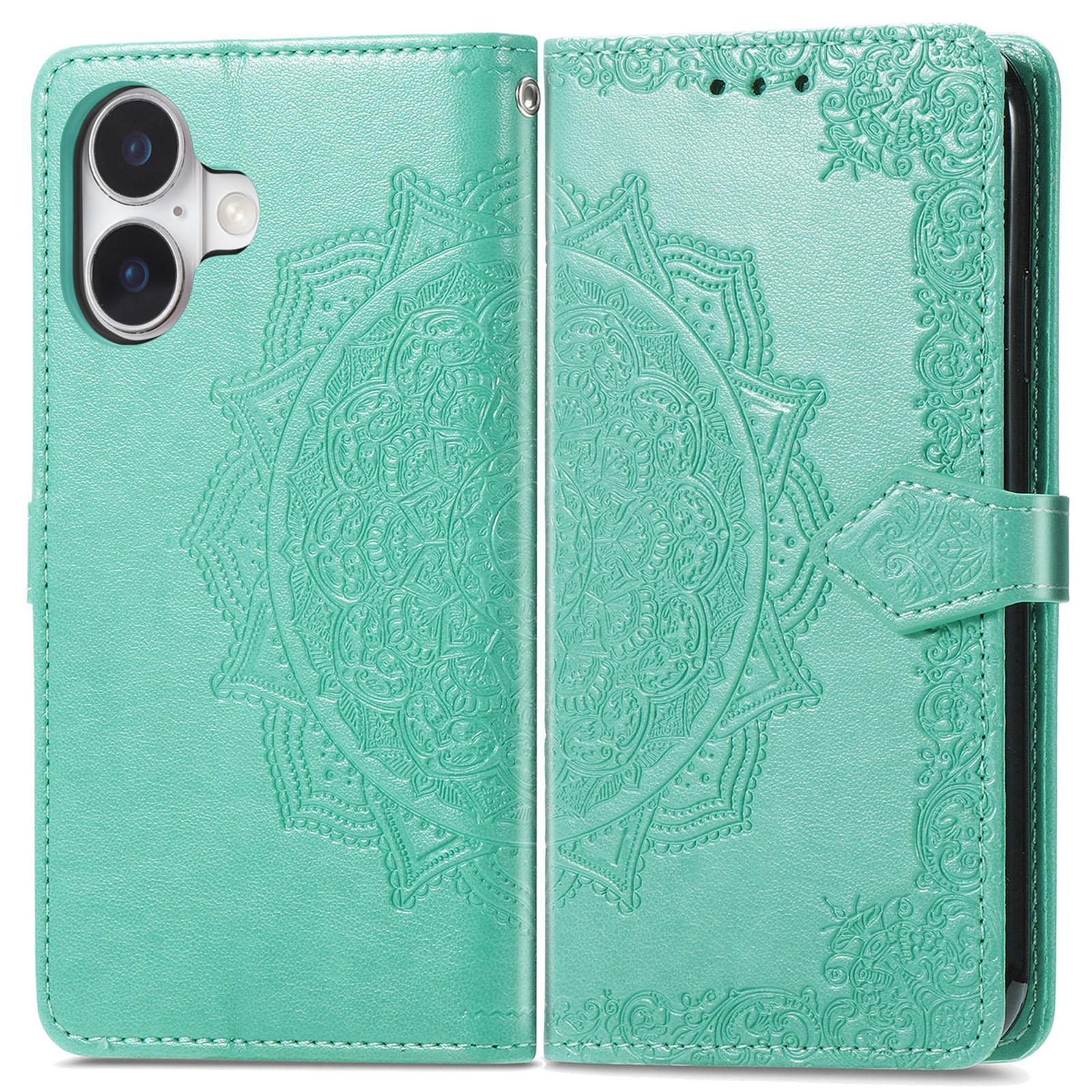 

For iPhone 16 Plus Case Mandala Embossed Design Leather Wallet Phone Cover Green