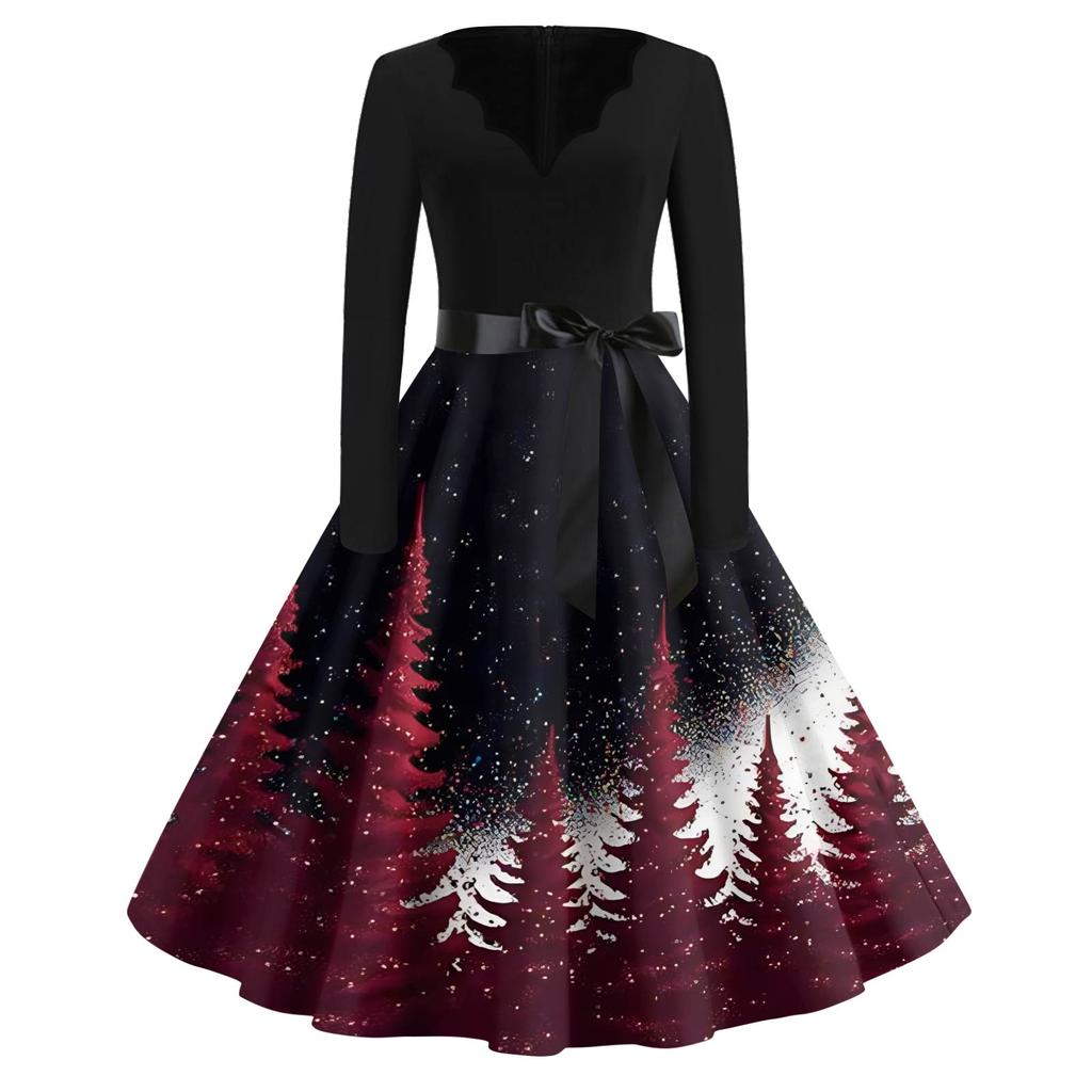 Women's Fashion V-Neck Relaxed-Fit Christmas Print Long-Sleeved Dress