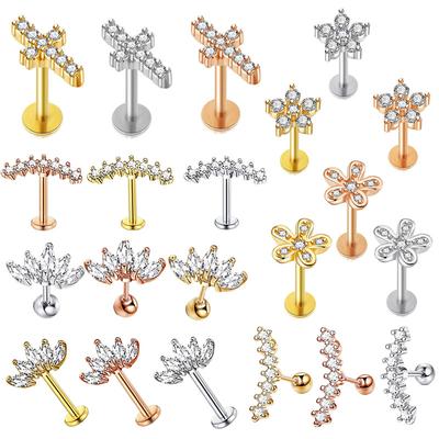 Boucle d'oreille tendance unisexe pour tragus, labret, lobe, nez, oreille, fleur pour lèvres, cartilage plat, hélix, 1 pièce, bijoux croisés en cristal
