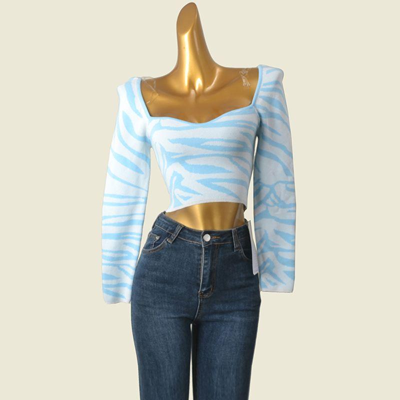European and American Sexy Peach Collar Knitting Long Sleeves Tops Summer Common Blue and White High Waist Short Open Back Chic Bottoming Shirt