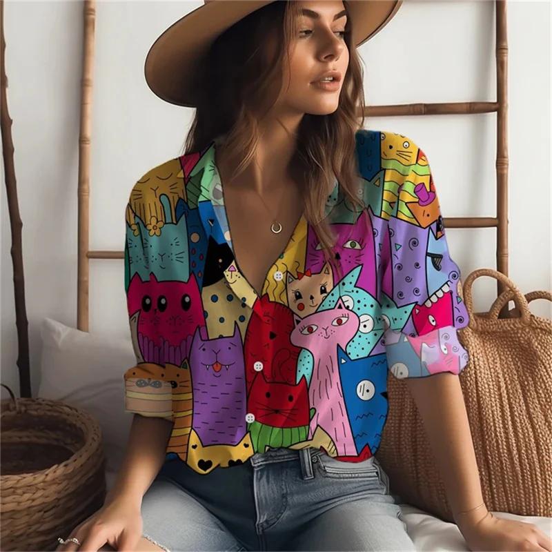 Sweet Cute Women's Shirt Casual Loose Comfortable Button Lapel Fashion Shirt Cartoon Cat Print Long Sleeve Blouses Spring