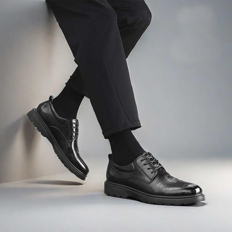 Spring and Autumn men's leather shoes with lace up British thick soled business leather shoes interview groom's wedding men's sh