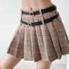 2025 Autumn Retro Niche Double-Belt Plaid Pleated Skirt for Women