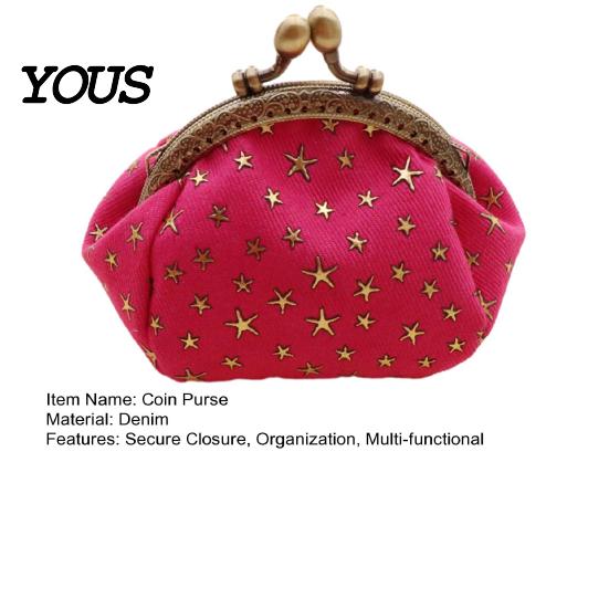 Slim Wallet Five-Pointed Star Coin Purse, Mini Kiss-Lock Change Vintage Denim Trinket Pouch for Women Ladies Purse