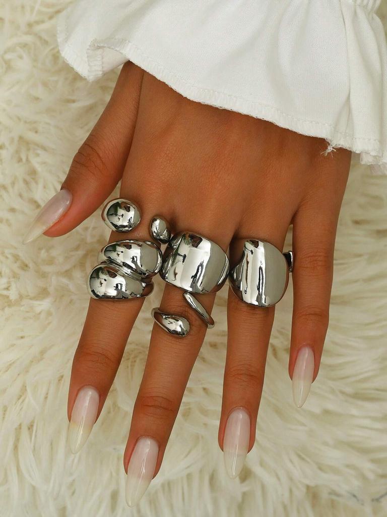 5pcs/Set Chunky Geometric Asymmetrical Stacked Metal Open Rings Set Smooth Exaggerated Cocktail Ring For Women Party Jewelry New