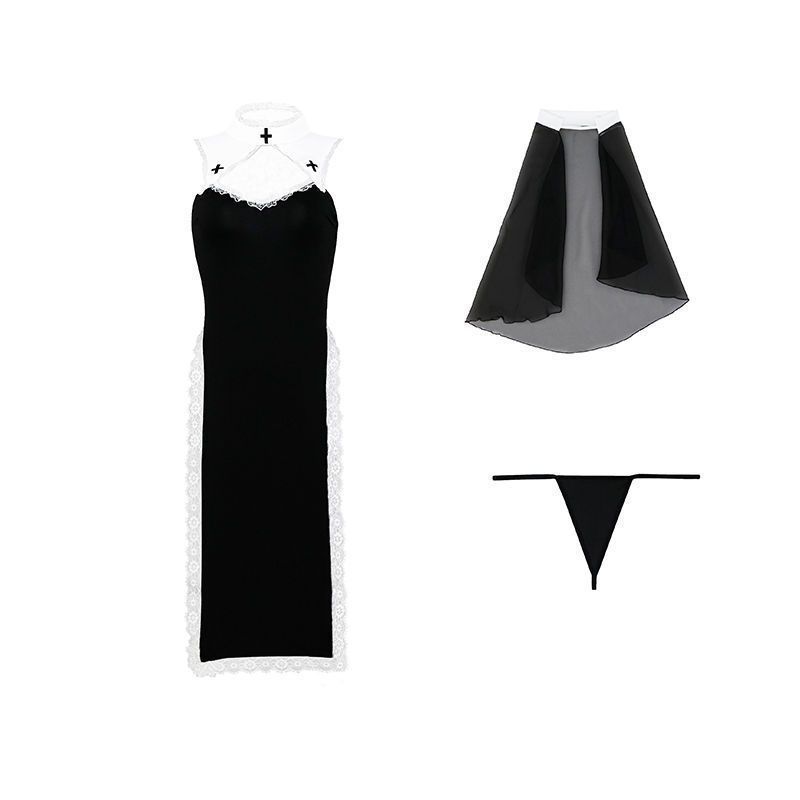 Štíhlé dámské sexy Crossdress Crossdress Cosplay Uniform Velké jednodílné šaty s vysokým děleným dílem