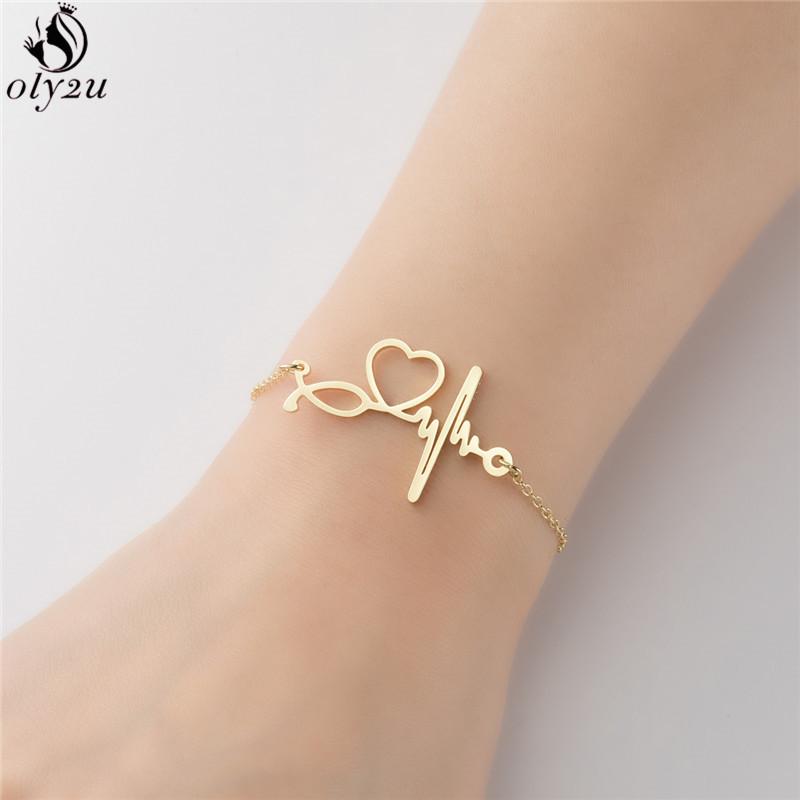 Stainless Steel Electrocardiogram Charm Bracelet for Women Hollow Love Heart Wristband Jewelry Doctor Nurse ECG Bracelets Gifts
