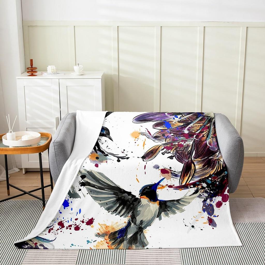 Japanese Style Soft Warm BlanketRainbow Butterfly Throw BlanketCherry Blossoms Fleece BlanketInk Painting Style Fuzzy Blanket