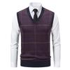 Men's Fall/Winter Knitted Fleece-Lined Checkered Pullover Vest—Youth V-Neck Casual Sleeveless Sweater