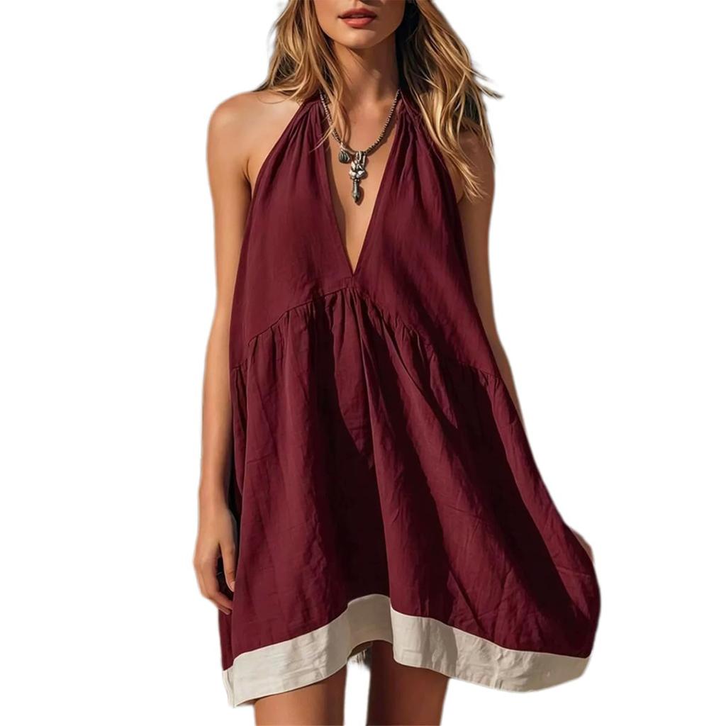 Women Neck Deep V Loose Fit Cotton Linen Dress Sleeveless Casual Beach Cover Up Tunic Summer Sundress