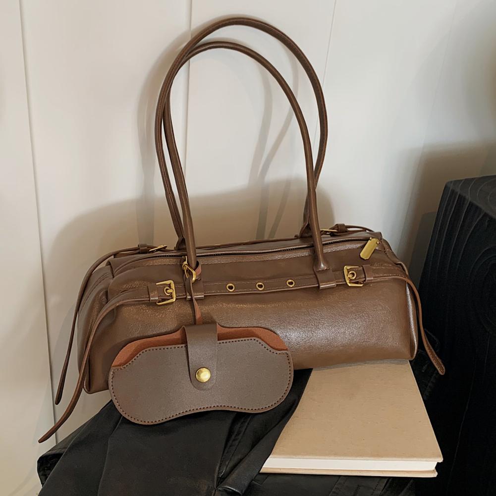 Boston Handbag For Women Solid Shoulder Bag Pu Leather Casual Bowling Bag Retro Commuter Bag