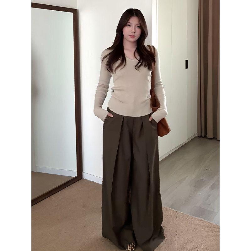 Relaxed Fit Diagonal Pleated Irregular Wide-Leg Pants for Women, Early Autumn Khaki Loose Long Pants, Slimming Versatile Casual Pants Dark Curry S