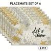 4/6pcs, Winter Christmas Snowflake Placemats, Linen Table Mats Featuring Golden Snowflakes and Polka Dot Snowflake Ornaments, Suitable for Holiday Kit