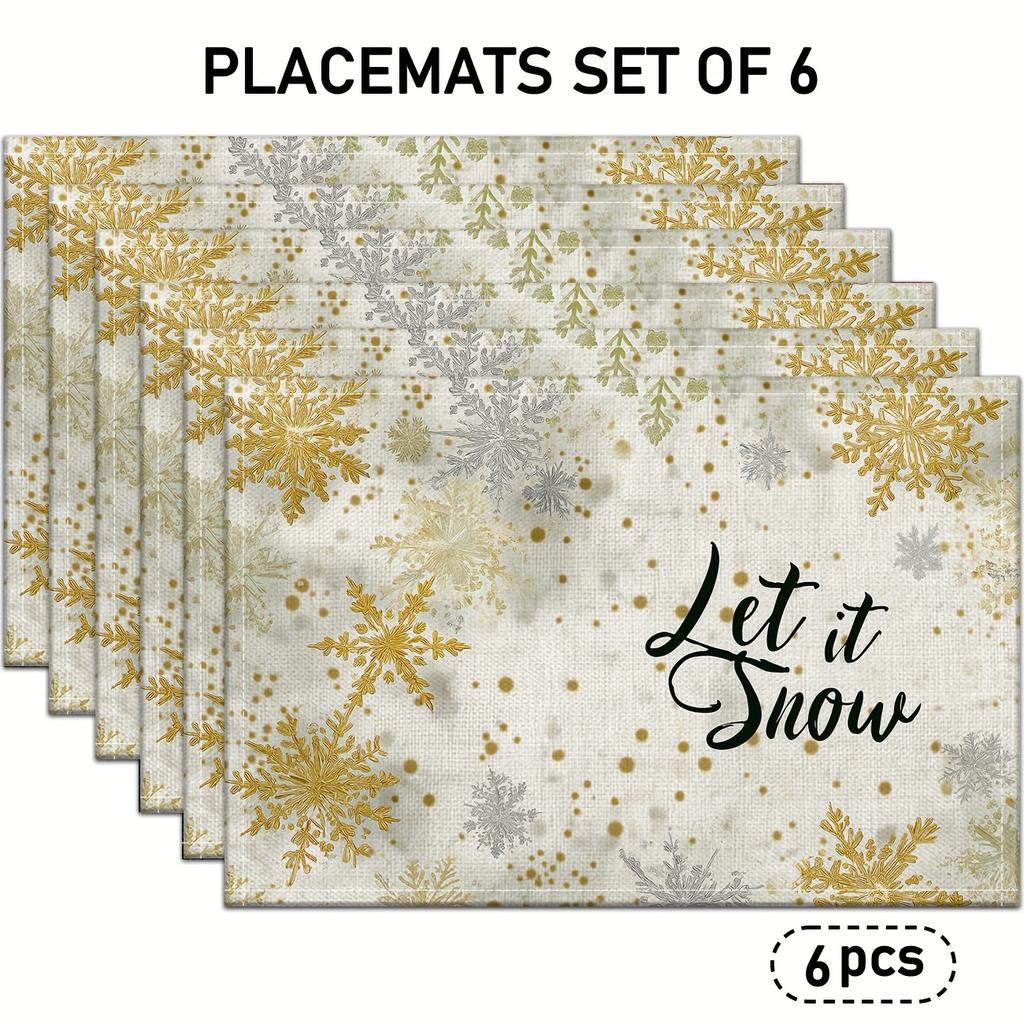4/6pcs, Winter Christmas Snowflake Placemats, Linen Table Mats Featuring Golden Snowflakes and Polka Dot Snowflake Ornaments, Suitable for Holiday Kit