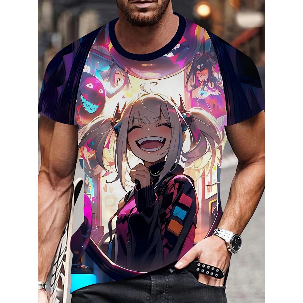 Men's Anime Print Shirt - Relaxed crew neck, short sleeves, machine washable - suitable for all seasons