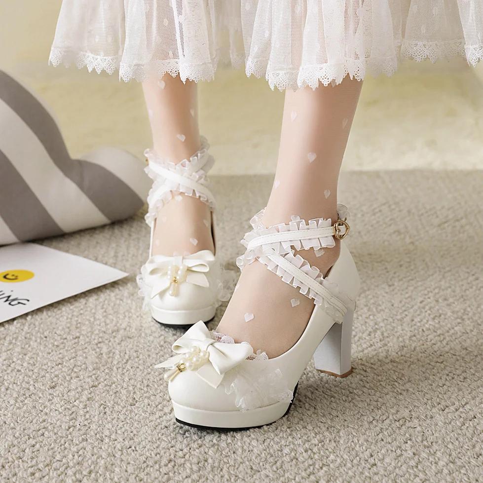 Fashion 2025 Summer New Ladies Platform Heels Cute Bow Lace Princess Mary Jane Lolita Shoes Party High Heel Buckle Women Pumps Pink 32