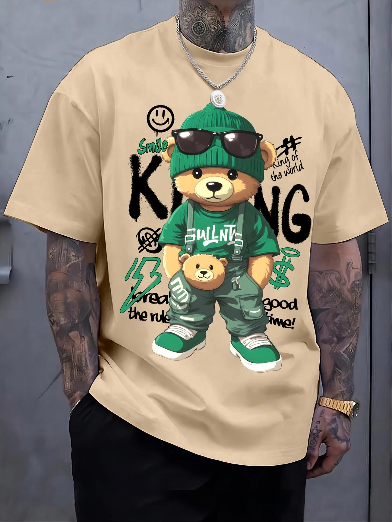 

Мужская хлопковая футболка с коротким рукавом, тренд 2025, свободного кроя, с американским принтом, повседневная, универсальная, парная, с мультяшным медведем, повседневная футболка S