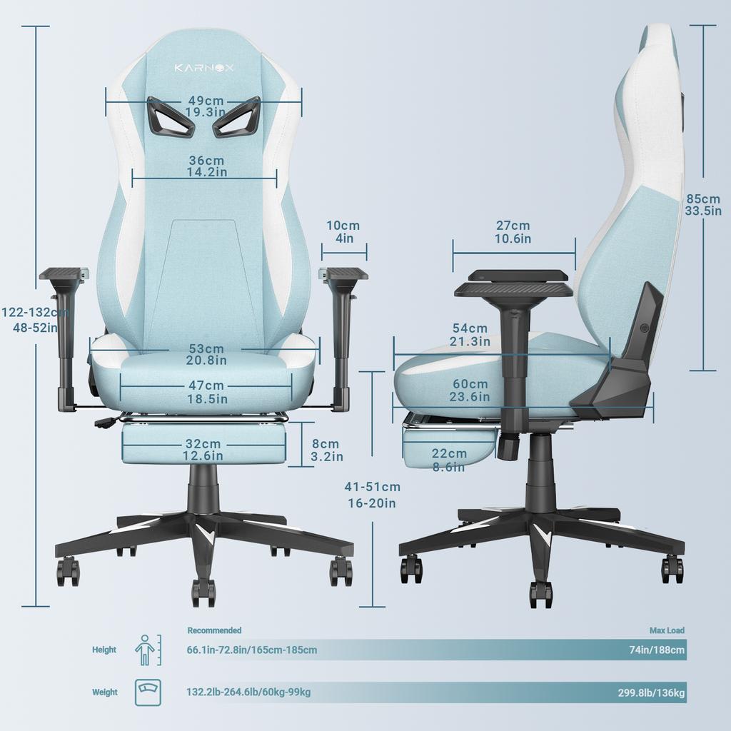 KORNOX Ergonomic Gaming Chair Fabric with Footrest,Office Chair High Back,Game Chair with Headrest and Lumbar Support for Girls,White and Blue