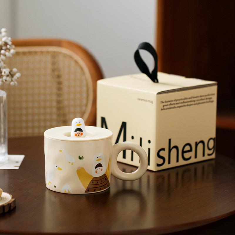 Mili Life Cute Cup with Lid Mug Ceramic Cup Female Couple Cup Coffee Cup Creative Water Cup Breakfast Cup