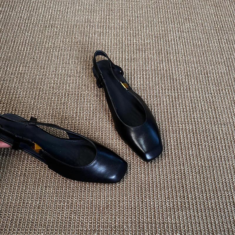 Sheepskin retro versatile black commuter shallow mouth Mary Jane shoes women's single shoes square head leather sandals women's summer wear