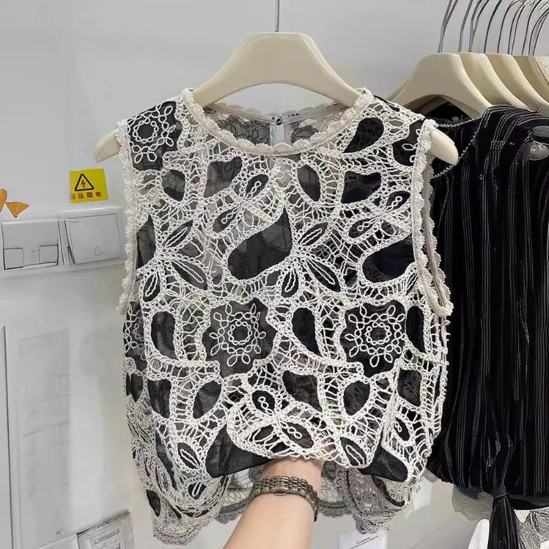 Knitted Crochet Hollow Lace Vest Shirt Women's Summer New Jacquard Contrasting Sleeveless Top