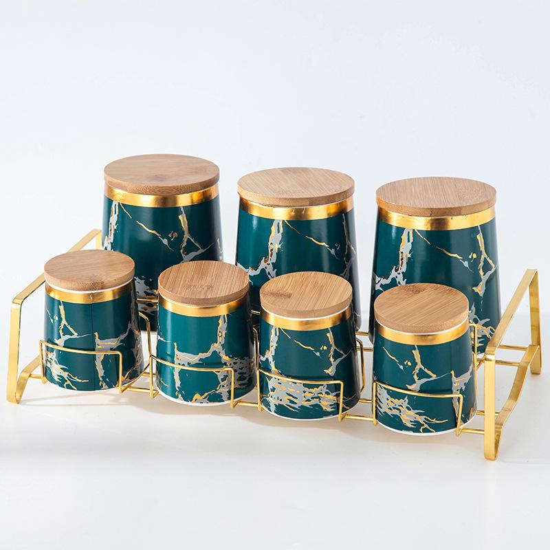

Керамическая банка для хранения, набор из 7 предметов, деревянная крышка, герметичная банка, кухонные принадлежности, домашний органайзер для хранения, коробка для хранения, банки для конфет, чайная банка зелёный