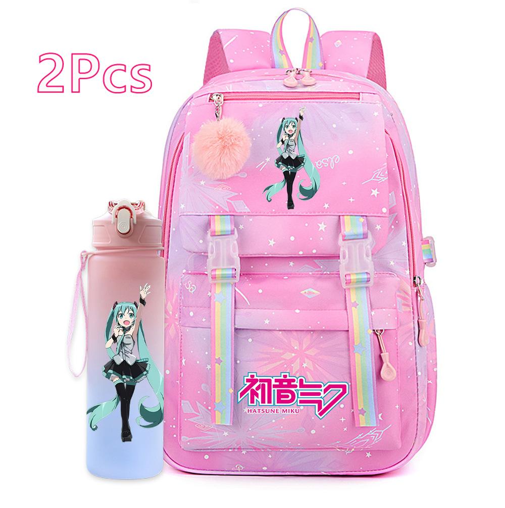 2 st/set Söt Hatsune Miku-tryckt Ryggsäck med 750 ml Vattenflaska för Tonårsflicka Pojke Skolväska Stor Kapacitet Vattentät Resväska Gåva