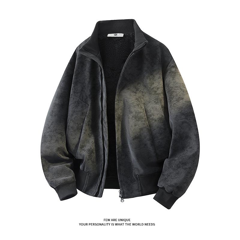 

Men s Fleece-Lined Tie-Dye Leather Jacket - Retro American Style, Winter 2025 Collection S чорний