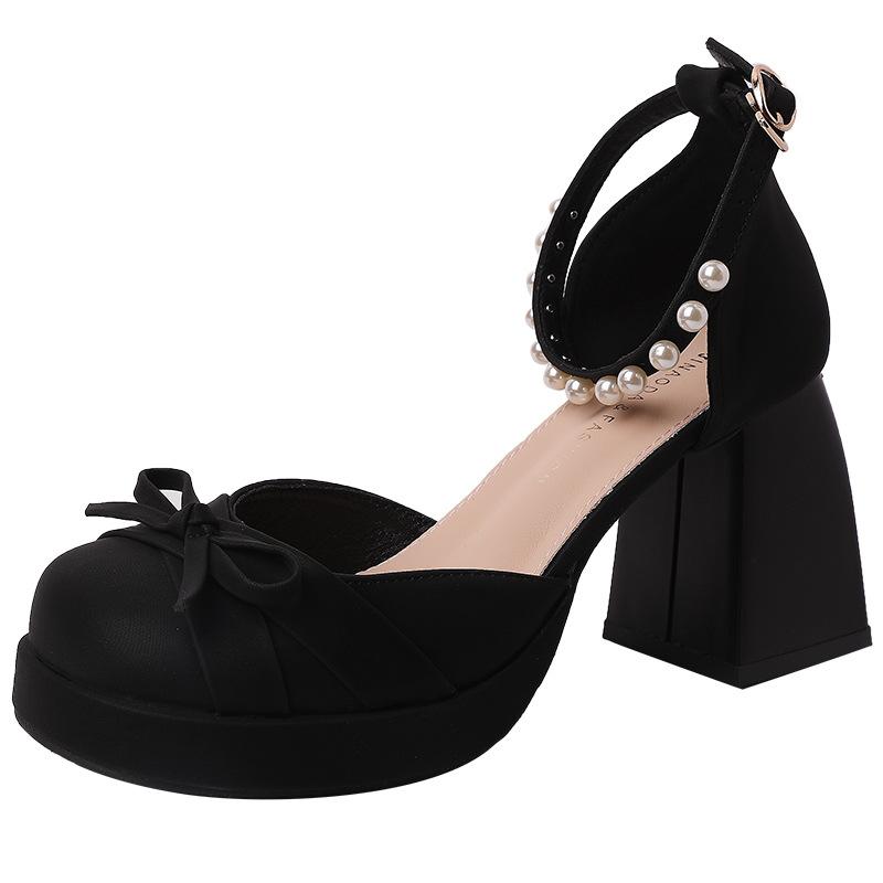 Bow thick heel Mary Jane shoes women's new spring and summer with skirt sweet high heels