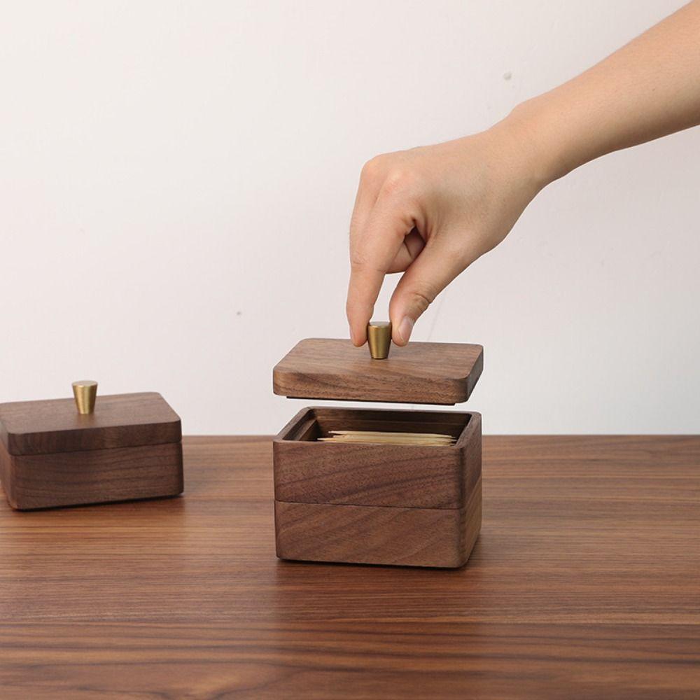 Skrivebordsboks for tannpirkere i valnøttre med lokk Tannpirkerboks Oppbevaringsboks Bomullspinnebeholder Hjem