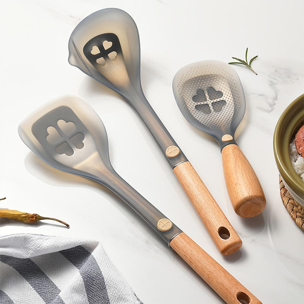 Silicone Kitchen Utensils Non Stick Spatula Pattern Soup Spoon Rice Scoop Beech Wood Handle Semi Transparent Steel Core Heat-Resistant Cooking Tool