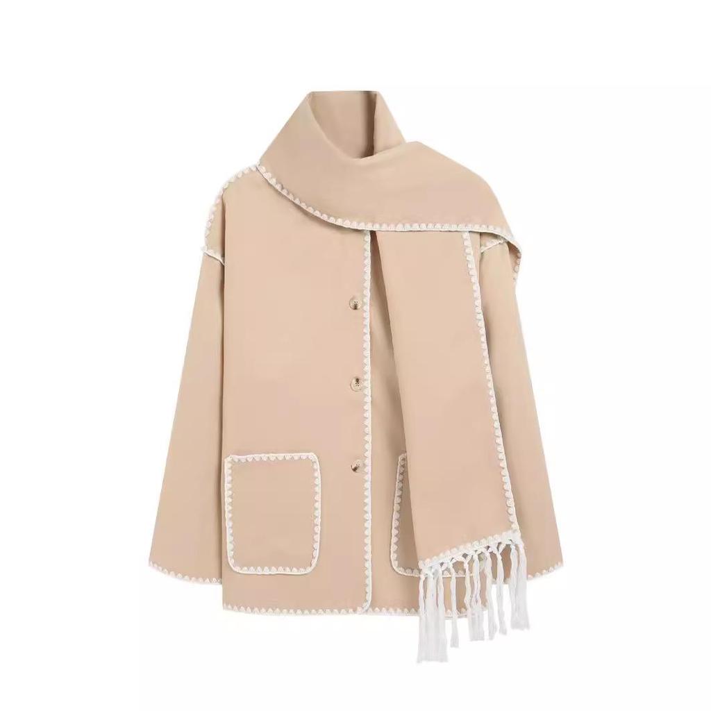 2023 Autumn/Winter Women's European and American Fashion Thick Woolen Coat with Tassel Scarf