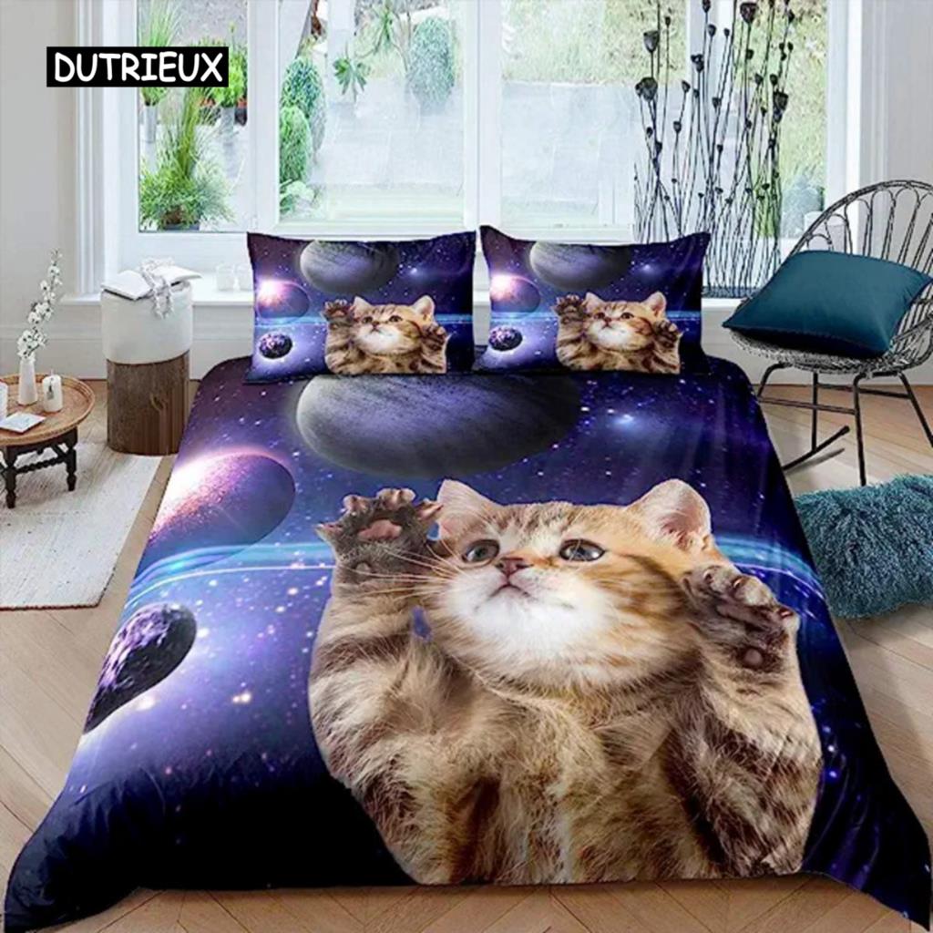 

Пододеяльник Galaxy Cats для женщин и детей, комплект постельного белья с 3D-кошками, милый комплект постельного белья с изображением животных, чехол для пододеяльника Galaxy Microfiber Quilt Cover 150x200cm 3pcs