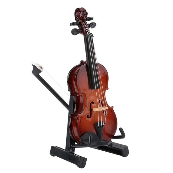 Wooden Mini Violin Model with Stand Playable Tiny Violin Figurine Miniature Musical Instrument Ornament Home Office Desktop Decoration