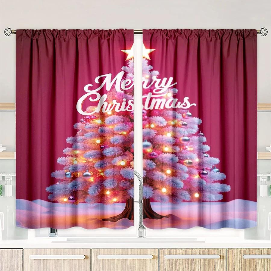 Luxury Set Of 2 Christmas Santa Claus Tree Pattern Printed Curtains Decorations Home Room Curtain Polyester