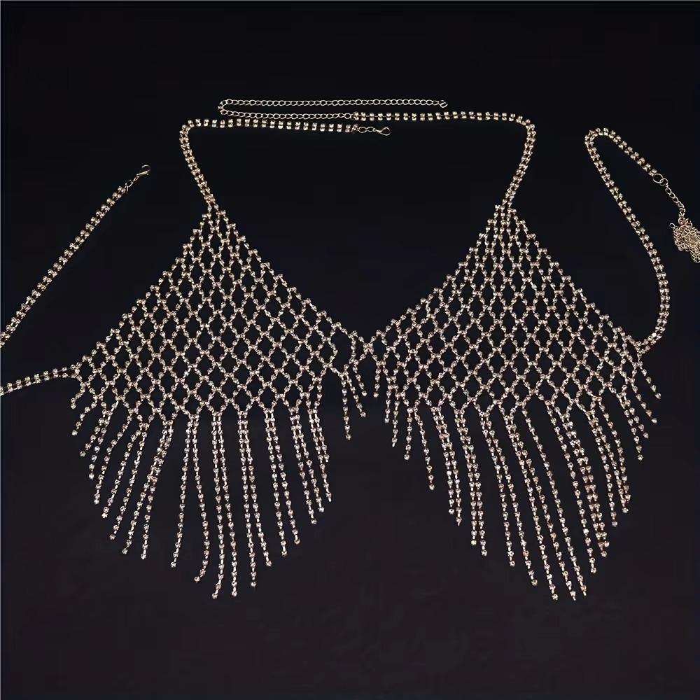 Sparkling Tassel Bra Chain for Crop Top Luxury Mesh Crystal Lingerie Body Chain Jewelry  Beach