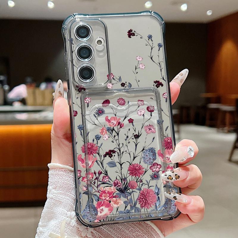 Fashion Floral Print Shockproof Clear Silicone Case For Samsung S24 FE S23 Ultra S22 A16 A15 A55 A35 A54 A14 Card Slot Soft Transparent Phone Cover