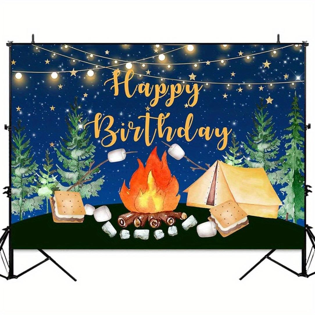 Camping birthday backdrop - Happy camper forest Morse Barbecue campfire party decorations, polyester background fabric 100x150cm