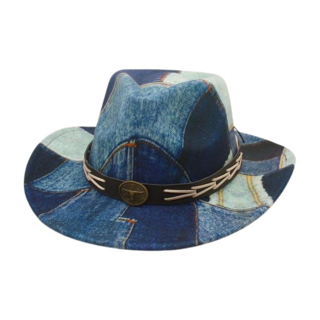 Jean Print Cowgirl Hat for Women Men Stylish Leather Belt Wide Brim Western Caps for Party, Wedding Outdoor Panama Jazz Hats