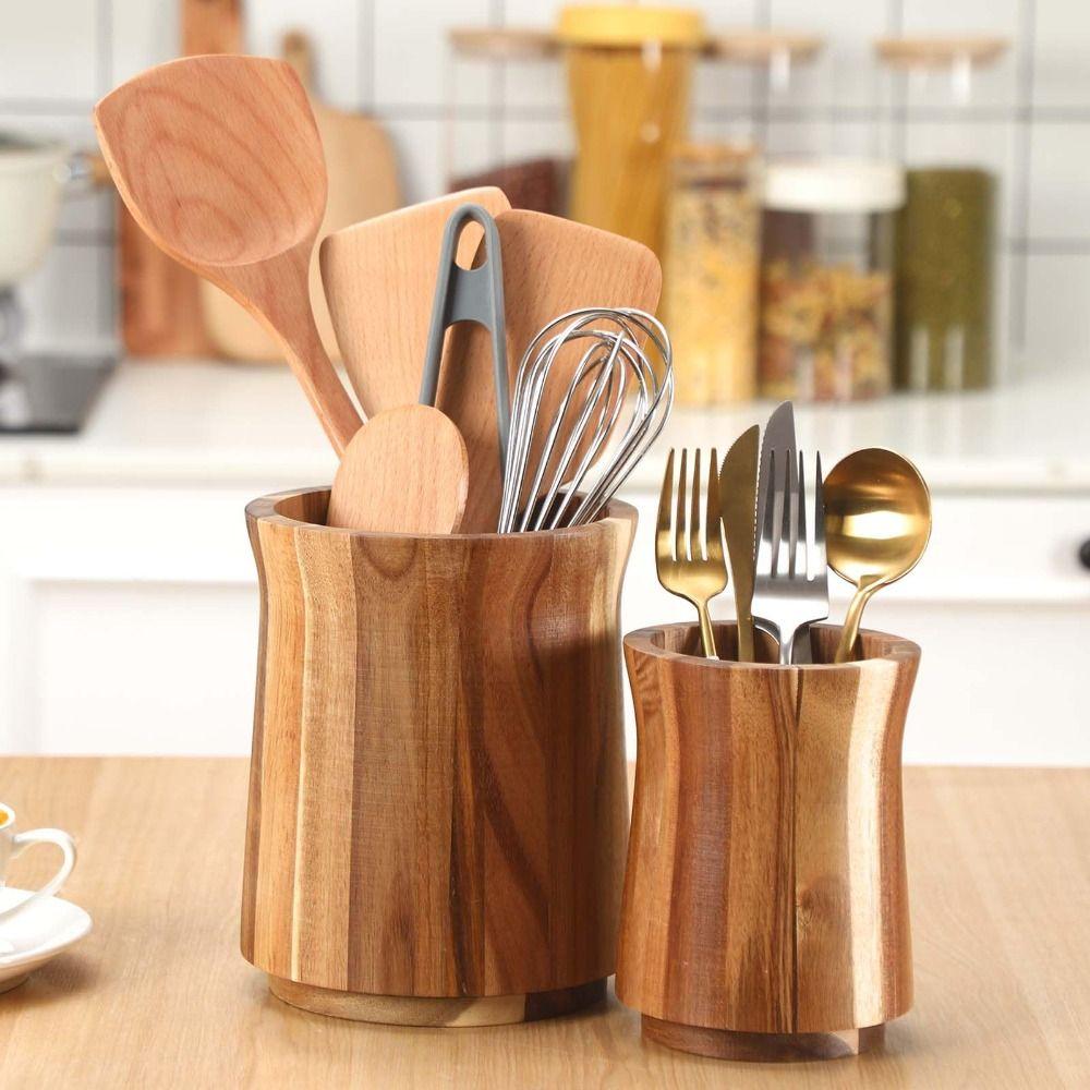 Wooden Cutlery Holder Acacia Wood Utensil Storage Box Portable Storage Rack Countertop