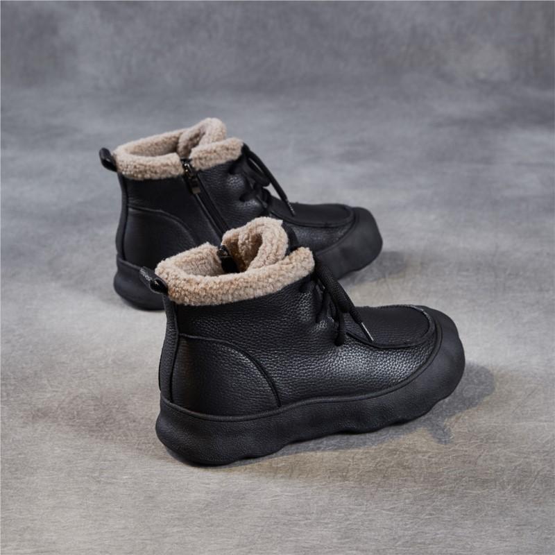 Johnature Retro Boty z pravé kůže Plyšové teplé Dámské kotníkové boty s měkkou podrážkou Kulatá špička Všestranné bavlněné boty