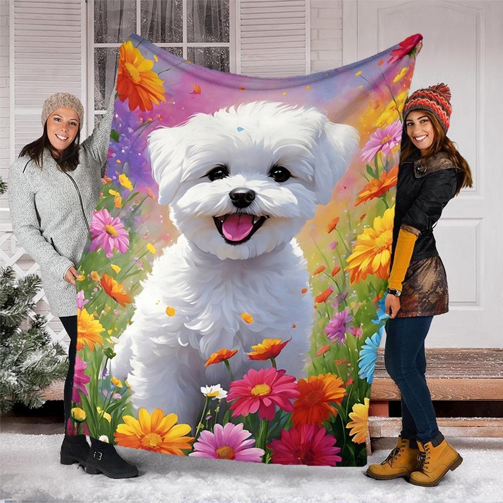 1pc Fluffy White Dog Outdoor Flannel Blanket , Machine Washable Perfect Gift for Birthday , Holiday Travel Accessory , Durable Material