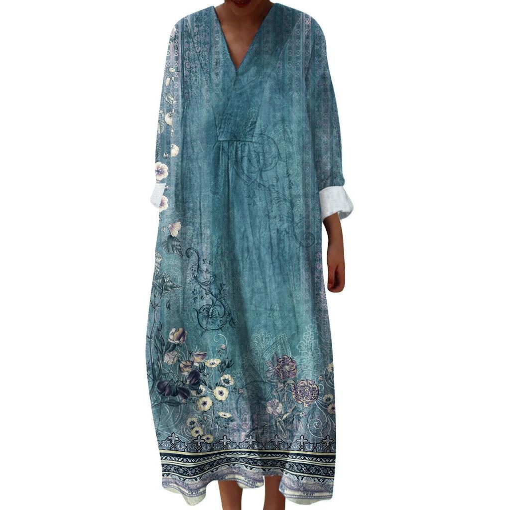 Women's Casual And Fashionable V-Veck Printed Long Sleeved Dress Long Sleeved Dress