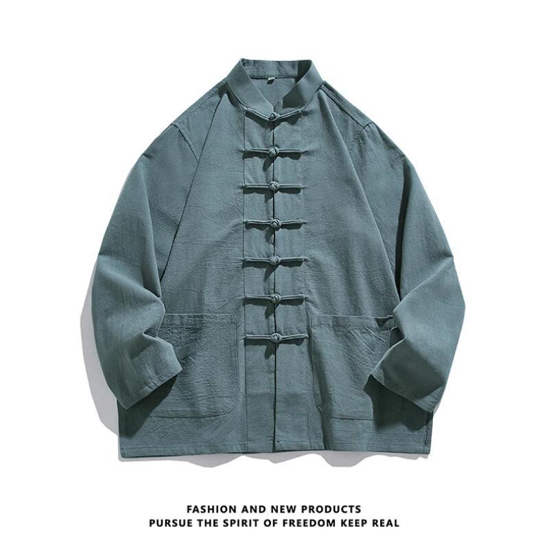 Herbst Herren Einfarbiges Hemd Herren Langarm Chinesischer Stil Hemden Tang Anzug Herren Retro Kung Fu Tai Chi Oberteile Weiße Hemden
