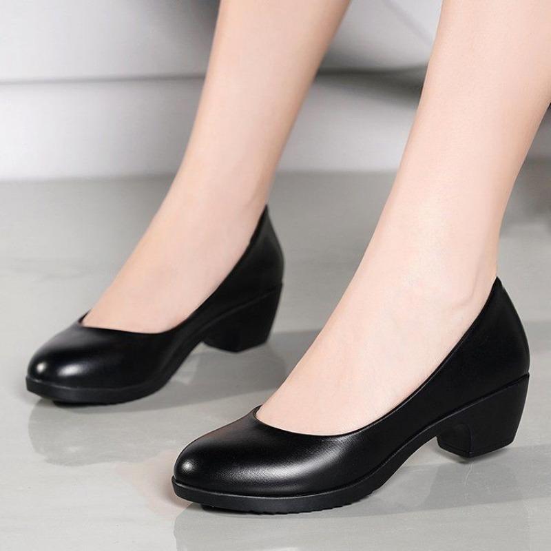Four Seasons Thick-heeled Round-toe Mid-heel Women's Shoes Shallow Mouth Black Leather Shoes Commuter Low-heeled Women's Single Shoes